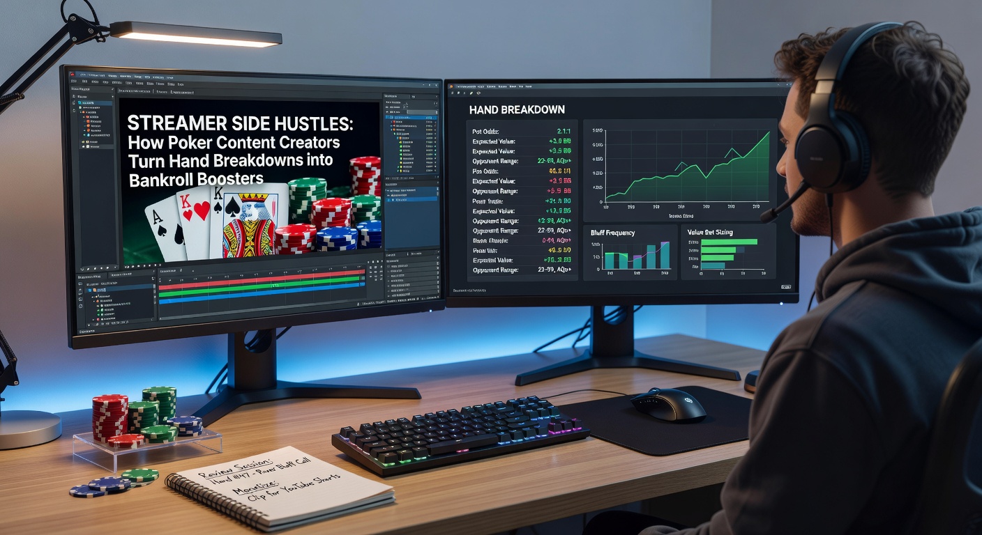 Gruppe von Poker-Streamern bei einer Kollaboration, die gemeinsame Hand-Analysen besprechen und Einnahmen teilen