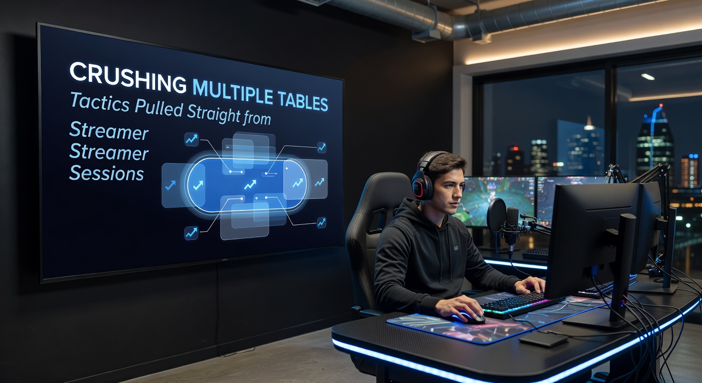 Detaillierter Screenshot einer Multi-Table-Session mit HUD-Overlays, Stats und Hotkey-Setup auf mehreren Monitoren