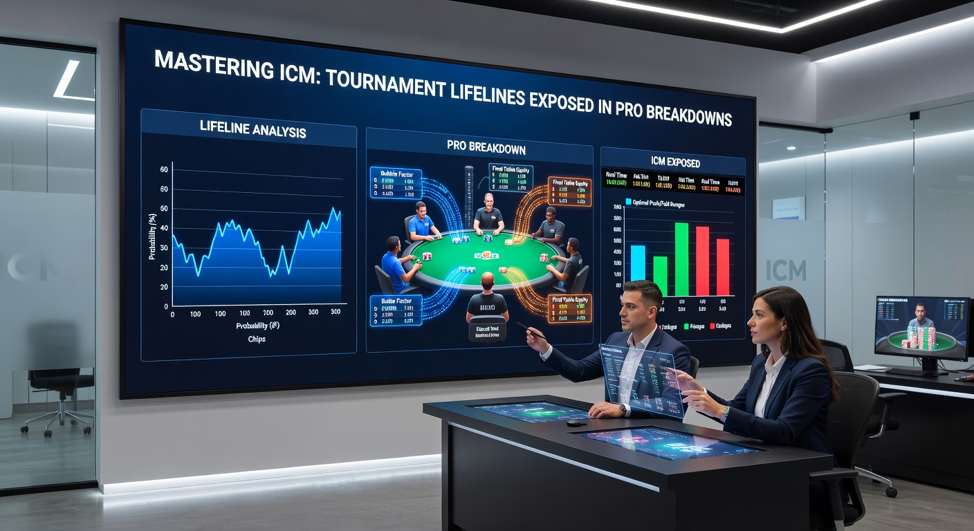 Profi-Poker-Spieler analysiert ICM-Chart auf einem Laptop während eines Turniers, mit Overlay von Stackverteilung und Equity-Berechnungen