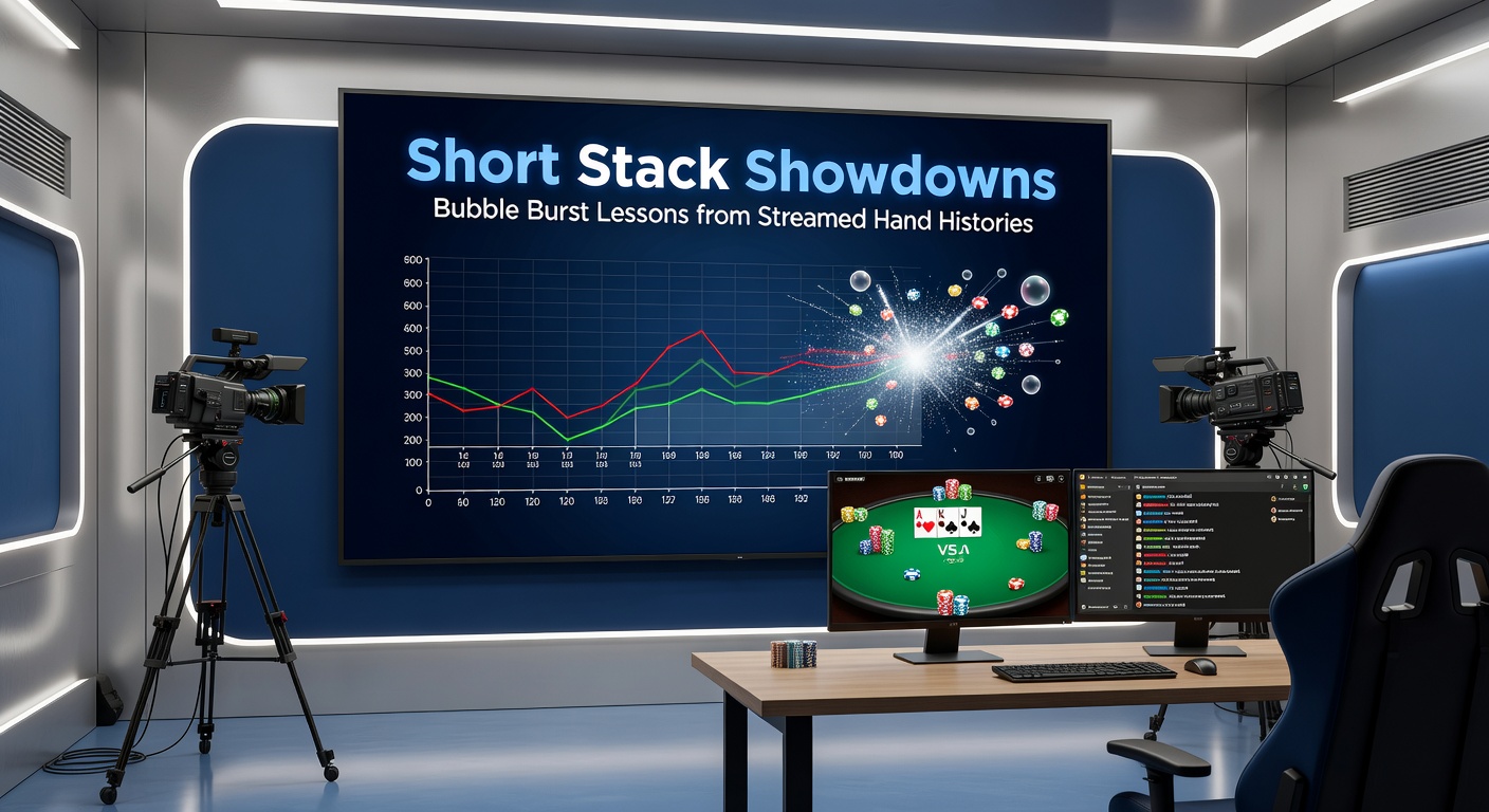 Dramatische Bubble-Situation mit Short-Stack-All-in in einem Poker-Turnier-Stream, Stapel fliegen, Spieler in Spannung