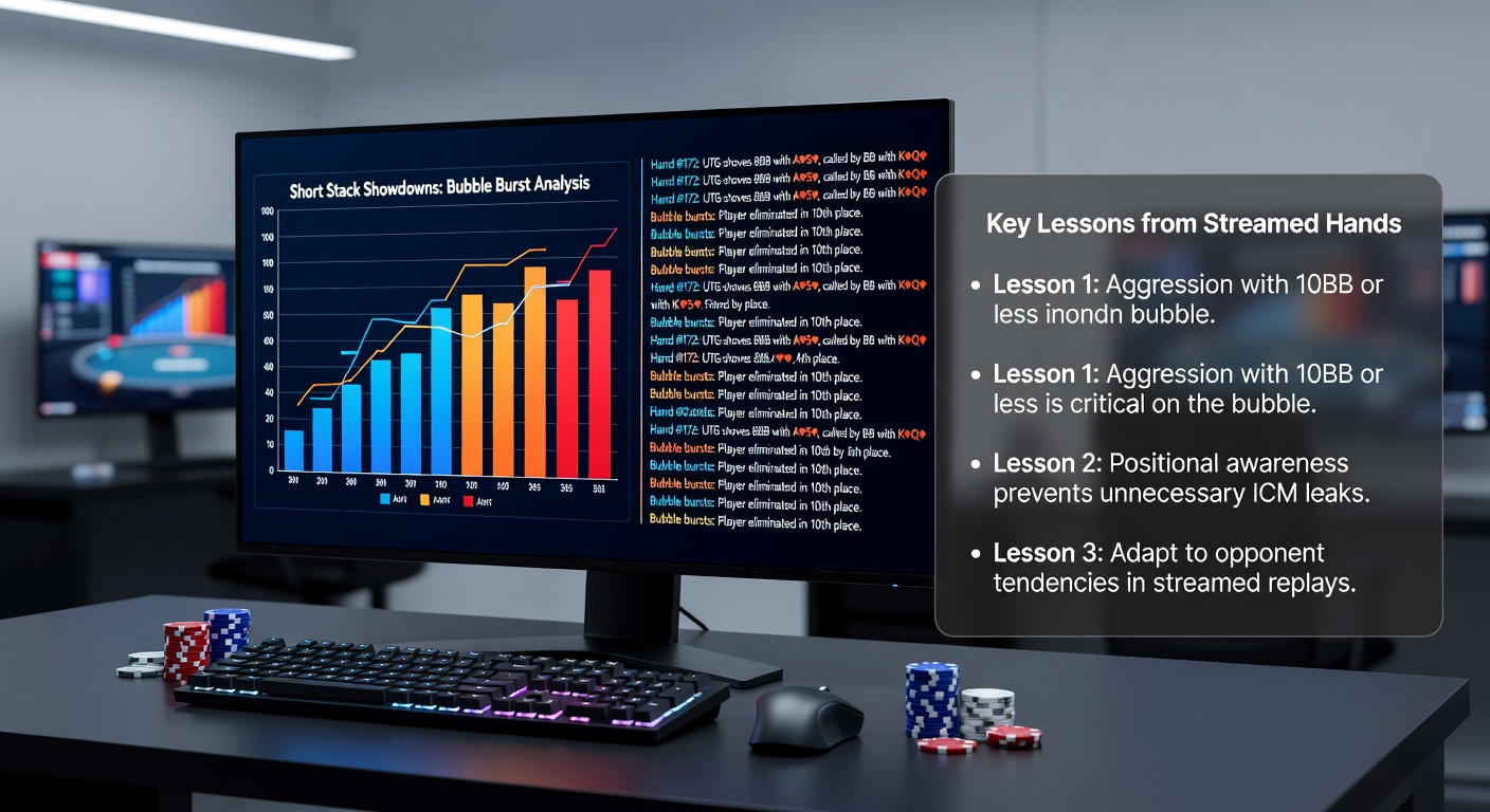 Nahaufnahme eines Short-Stack-Showdowns in der Bubble-Phase eines Poker-Streams, Chips im Flug, Bildschirme mit Equity-Calculatoren